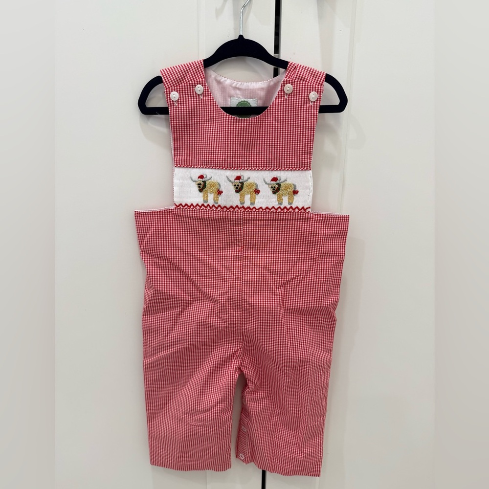 little sloans Gingham smocked Toddler jon jon’s Overalls christmas reindeer